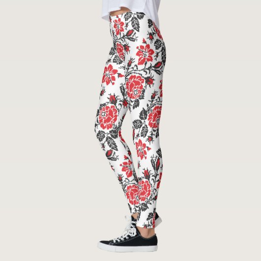 Rotes u. schwarzes Rose Kreuzstich Russe-Muster Leggings (Links)