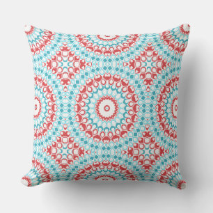Rotes und aquafarbenes geometrisches Mandala-Muste Kissen
