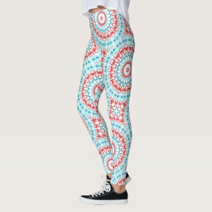 Rotes und aquafarbenes geometrisches Mandala-Muste Leggings