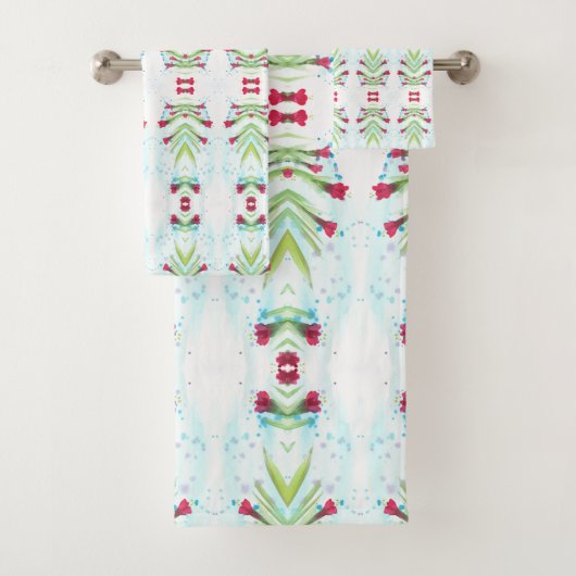 Rotes und Aquamarines Blumenmuster Badhandtuch Set (Insitu)