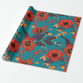 Rotes und Aquamarines Blumenmuster Geschenkpapier