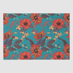 Rotes und Aquamarines Blumenmuster Seidenpapier