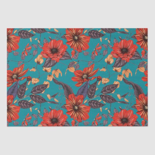 Rotes und Aquamarines Blumenmuster Seidenpapier (Vorderseite)