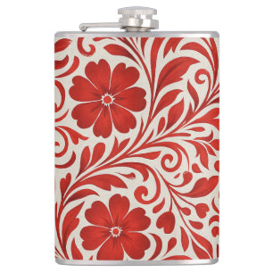 Rotes und Beige feines Blumenmuster Flachmann