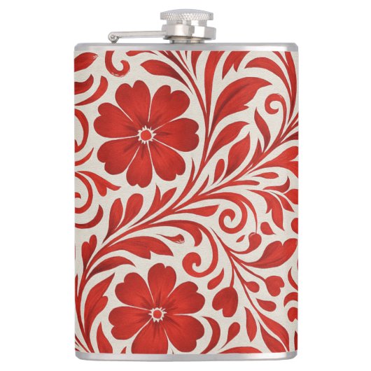 Rotes und Beige feines Blumenmuster Flachmann (Vorderseite)