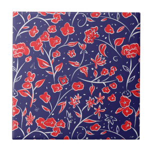 Rotes und blaues Blumenmuster Fliese