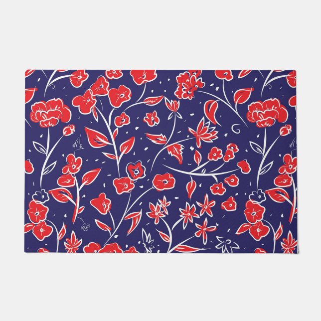 Rotes und blaues Blumenmuster Fußmatte (Vorderseite)