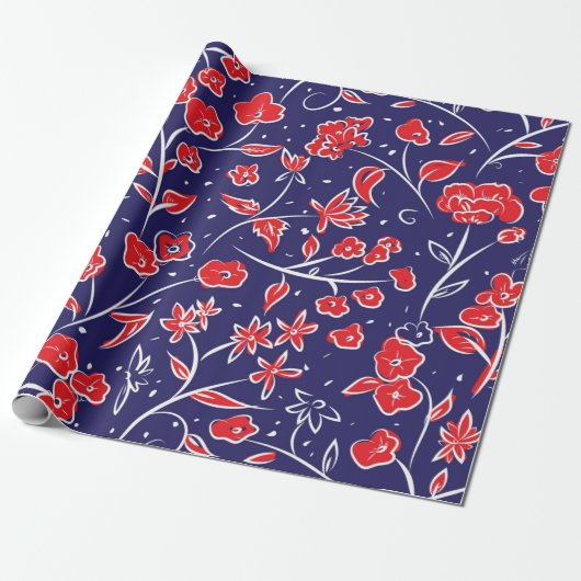 Rotes und blaues Blumenmuster Geschenkpapier (Ungerollt)