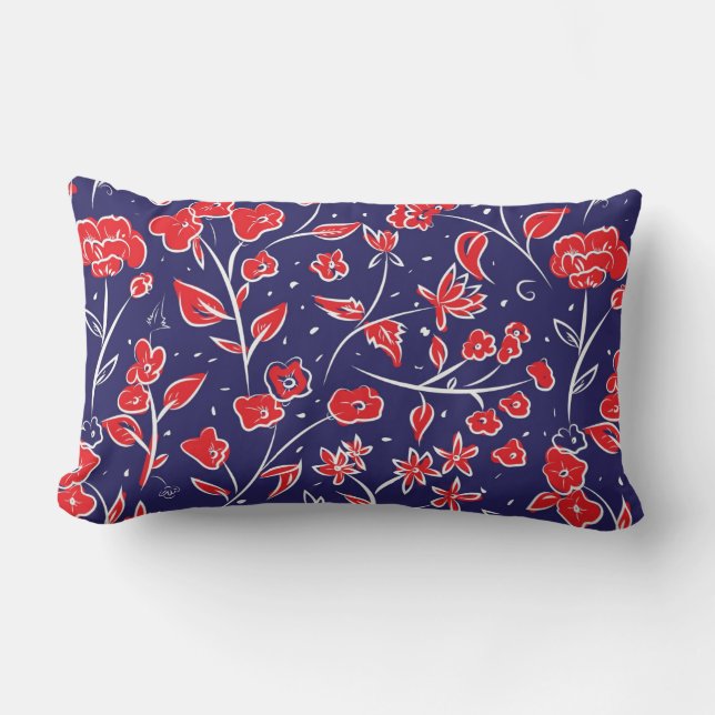 Rotes und blaues Blumenmuster Lendenkissen (Vorderseite)