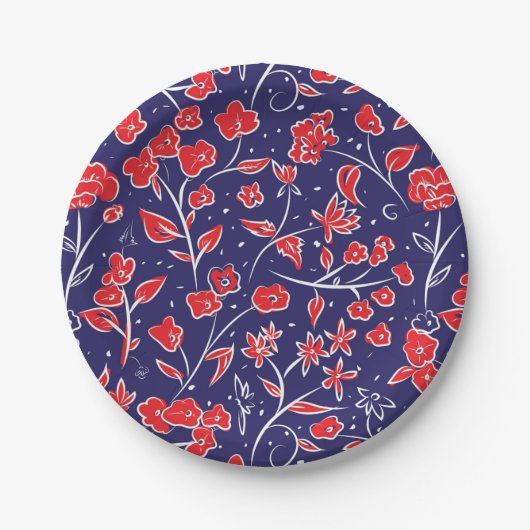 Rotes und blaues Blumenmuster Pappteller (Vorderseite)