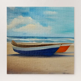 Rotes und Blaues Boot am Sandstrand Puzzle
