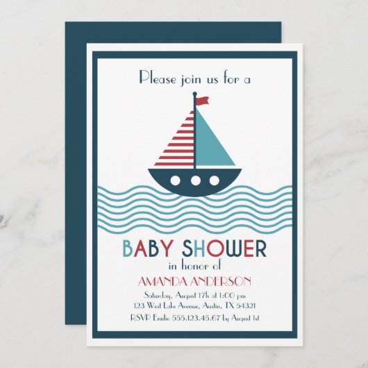 Rotes und blaues Boot BABY SHOWER Einladung (Vorne/Hinten)