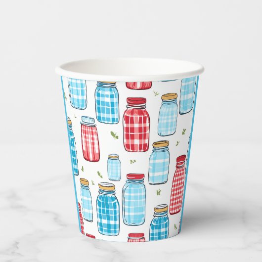 Rotes und blaues Gingham-Mason-Glas-Muster  Pappbecher (Vorderseite)