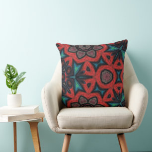 Rotes und blaues Kaleidoskop-Mandala-Blumenmuster Kissen