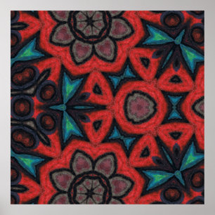 Rotes und blaues Kaleidoskop-Mandala-Blumenmuster Poster