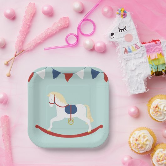 Rotes und Blaues Rockpferd Pappteller (Party)