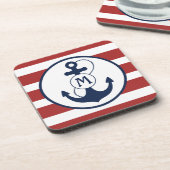Rotes und blaues Seeanker-Monogramm Getränkeuntersetzer (Linke Seite)