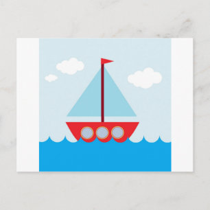 Rotes und Blaues Segelboot am Meer Postkarte