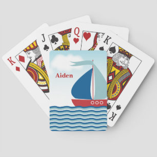 Rotes und blaues Segelboot auf Wasserwellen, Perso Spielkarten