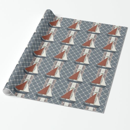 Rotes und blaues Segelboot-Geschenkpapier Geschenkpapier (Ungerollt)