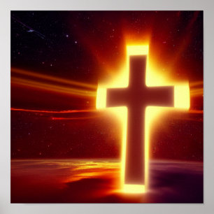 Rotes und Gold glühendes Cross Spacescape Poster