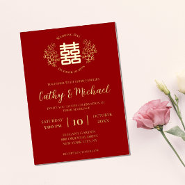 Rotes und goldenes Blumenlogo chinesische Hochzeit Folieneinladung