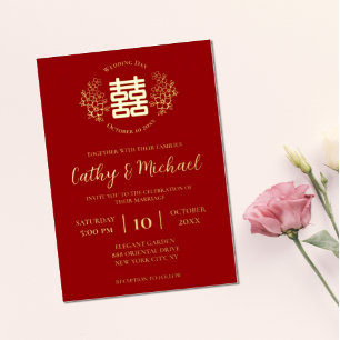 Rotes und goldenes Blumenlogo chinesische Hochzeit Folieneinladung