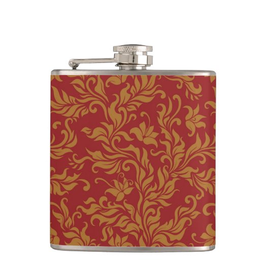 Rotes und goldenes Blumenmuster Flachmann (Vorderseite)