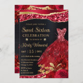 Rotes und goldenes Glitzer Dress 16 . Geburtstag Einladung (Vorne/Hinten)