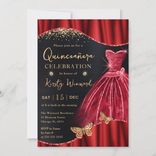 Rotes und goldenes Glitzer Kleid Quinceanera Einladung (Vorderseite)