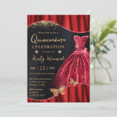 Rotes und goldenes Glitzer Kleid Quinceanera Einladung (Stehend Vorderseite)