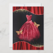 Rotes und goldenes Glitzer Kleid Quinceanera Einladung (Rückseite)