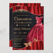 Rotes und goldenes Glitzer Kleid Quinceanera Einladung (Vorne/Hinten)
