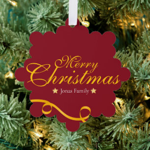 Rotes und goldenes hängendes Papiertag mit Foto Ornament Karte