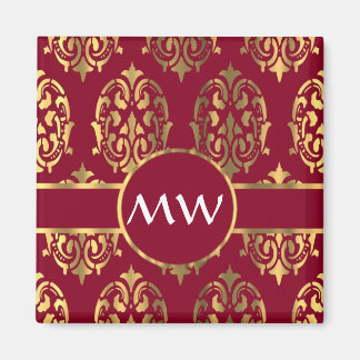 Rotes und goldenes Monogramm-Damastmuster Magnet