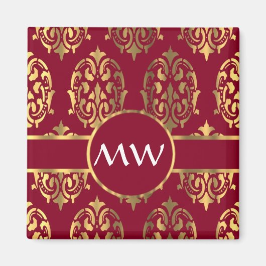 Rotes und goldenes Monogramm-Damastmuster Magnet (Vorne)