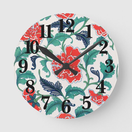 Rotes und grünes Blumenmuster Runde Wanduhr (Vorderseite)