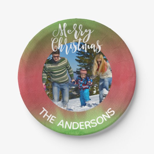Rotes und grünes Foto Frohe Weihnachten Party Pappteller (Vorderseite)