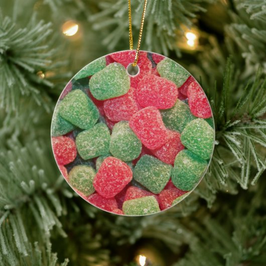 Rotes und grünes Gumdrops Süßes Foto Keramikornament (Baum)
