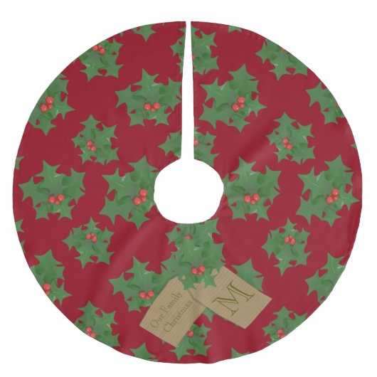 Rotes und grünes Holly Monogram Weihnachtsbaumrock Polyester Weihnachtsbaumdecke (Vorderseite)
