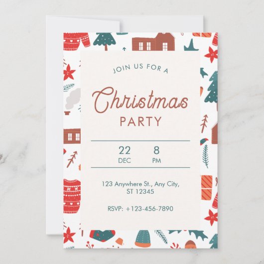 Rotes und grünes illustriertes Weihnachtsfest-Part Einladung (Vorderseite)
