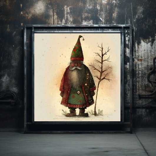 Rotes und grünes Kariertes Wald Gnome Black Santa Poster