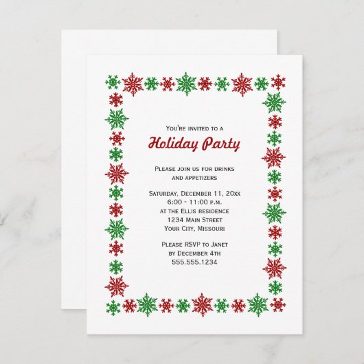 Rotes und grünes Schneeflocken Weihnachts-Party Einladung (Vorne/Hinten)