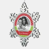 Rotes und grünes Weihnachts-Foto Schneeflocken Zinn-Ornament (Rechts)
