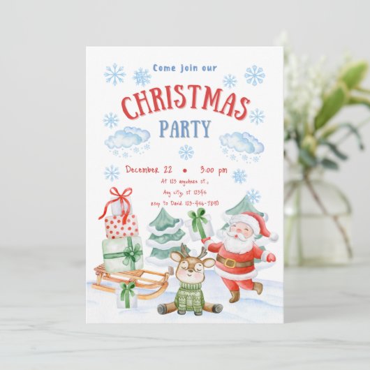 Rotes und grünes Weihnachtskids-Party Einladung (Stehend Vorderseite)