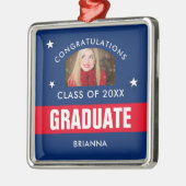 Rotes und Navy Blue Abschluss Personalisiertes Fot Ornament Aus Metall (Links)