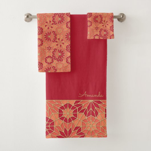 Rotes und orangefarbenes Muster Badhandtuch Set (Insitu)