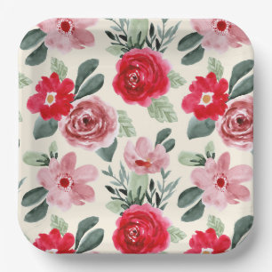 Rotes und rosa Blumenmuster Pappteller