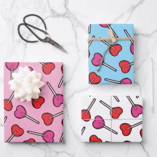Rotes und rosa Herz Lollipops Muster Geschenkpapier Set