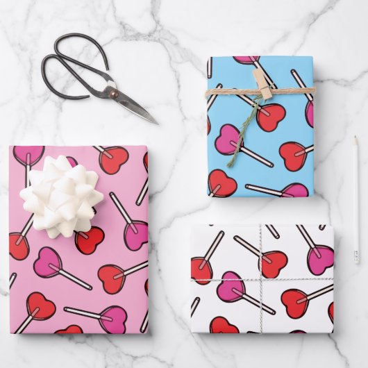 Rotes und rosa Herz Lollipops Muster Geschenkpapier Set (Vorderseite)